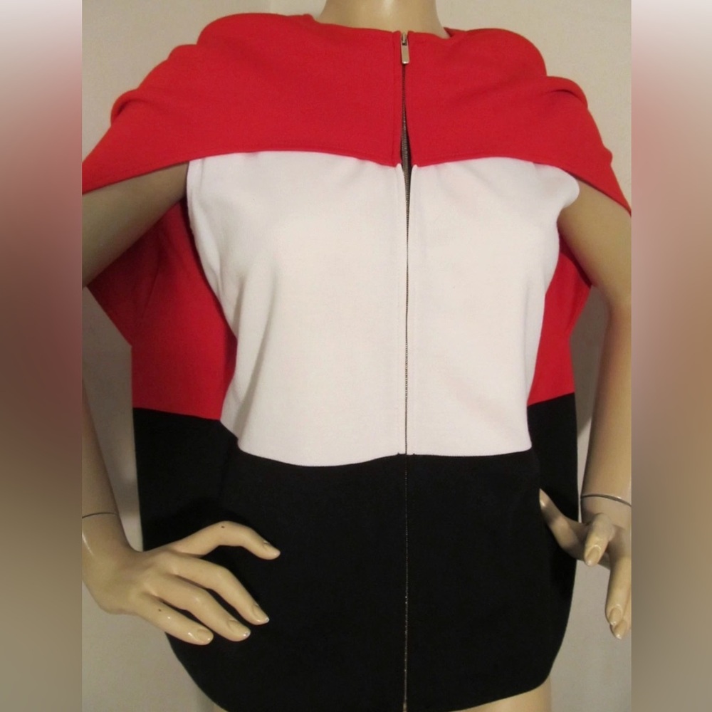 ST JOHN KNIT RED WHITE BLACK  KNIT Colorblock Cape Jacket - Size P (Small) - Picture 7 of 14